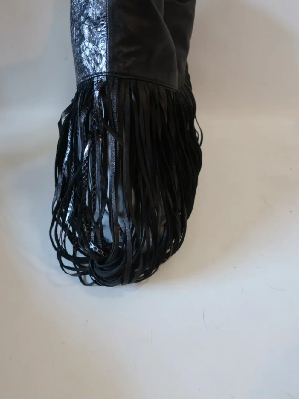 Womens Katherine Kwei Black Leather Snakeskin Texture Fringe Rhinestone Hobo Bag
